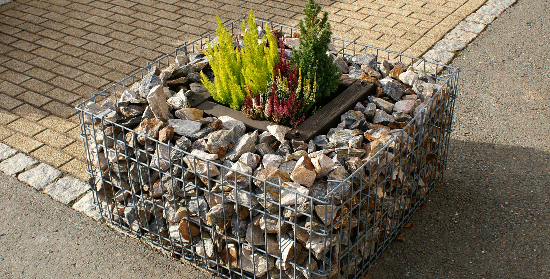Ein quadratischer Pflanzkübel aus Natursteinen mit kleinen Pflanzen.